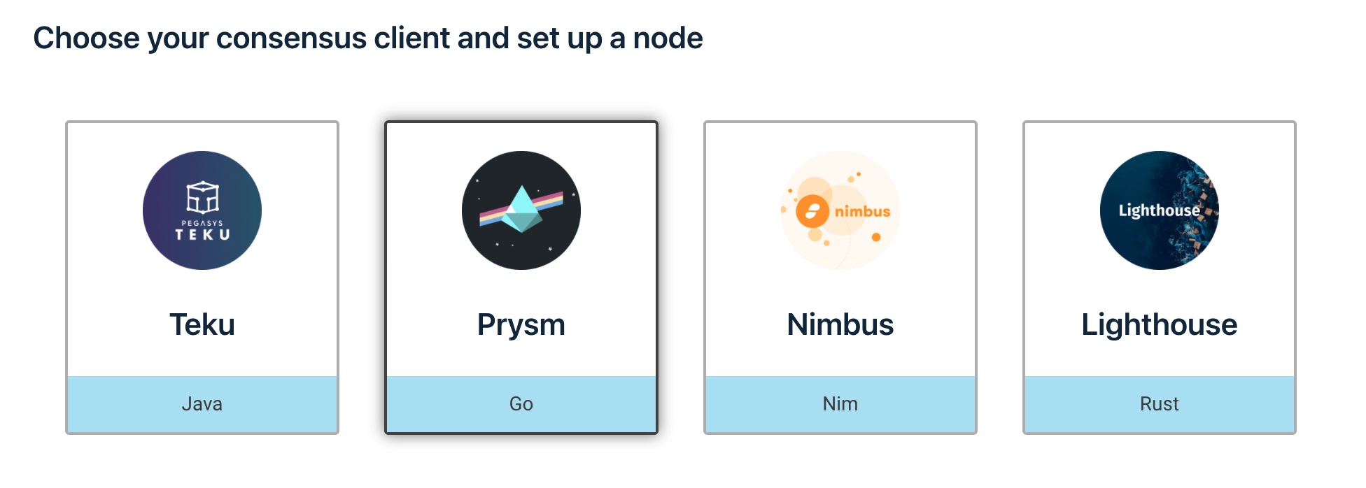 a list of several ETH2 clients (Prysm, Teku, Nimbus, Lighthouse)