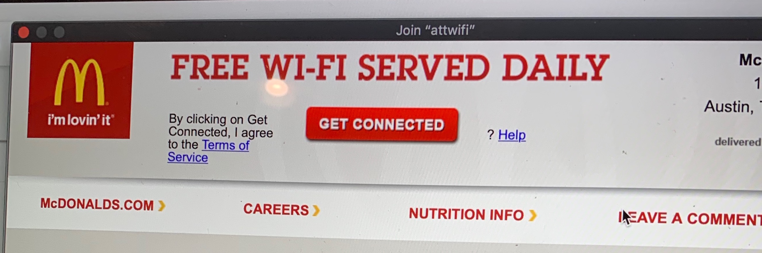 screenshot of mcdonalds wifi portal